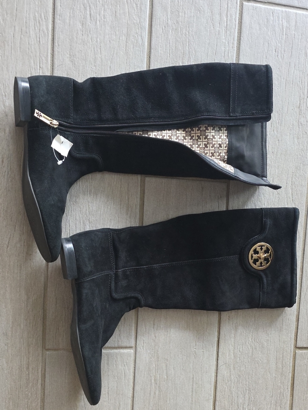 Tory Burch Black Suede Over-the-Knee Boots with Gold Logo Medallion